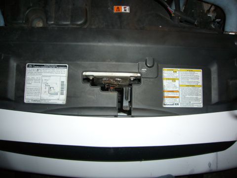 2000 Ford Crown Victoria - Under the hood of a white car, showing various warning and information labels.