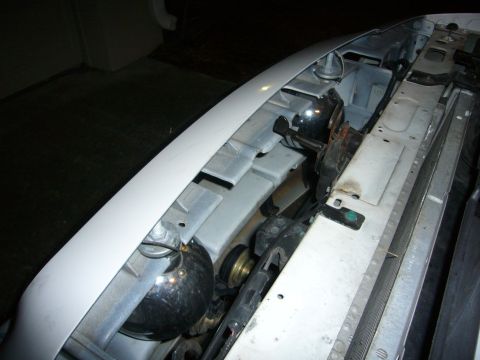 2000 Ford Crown Victoria - Close-up view of a vehicle's engine bay, showing dual horns and radiator components.