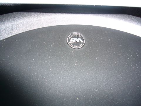 2000 Ford Crown Victoria - Extreme close-up of the black dust cap of a car-audio subwoofer, showing the round metal JL Audio badge at its center and the surrounding r…