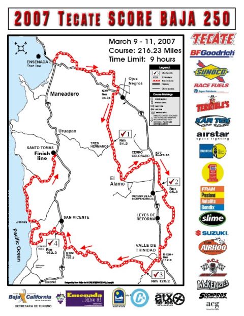 1992 Ford Explorer - This document details the 2007 Tecate Score Baja 250 race course, including start and finish lines, checkpoints, and mileage markers.