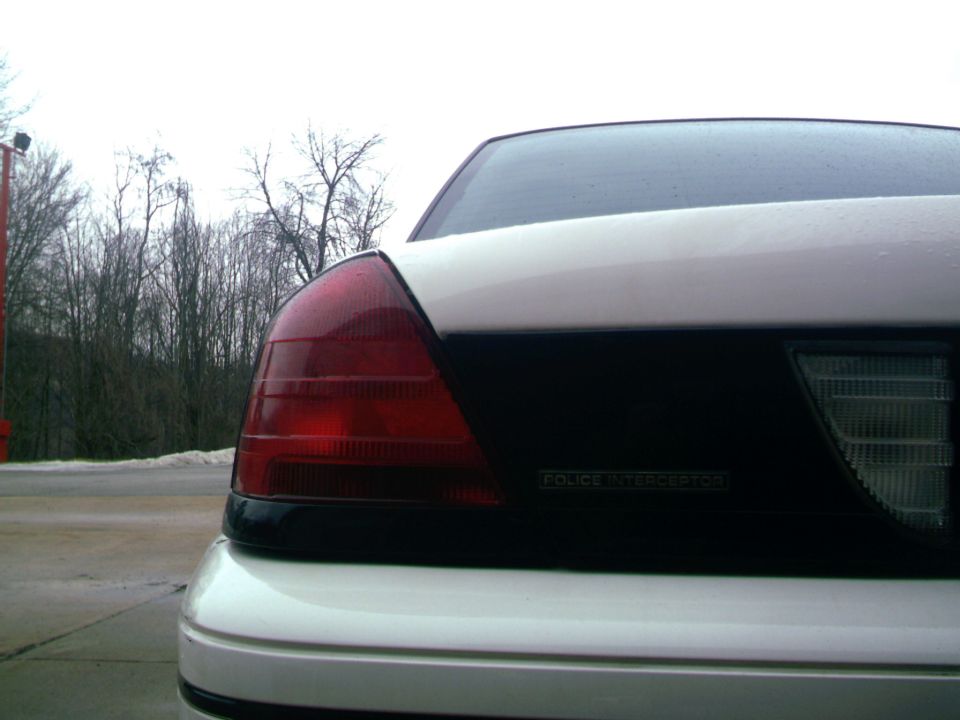 Rear view of a white 2000 Ford Crown Victoria Police Interceptor showing the taillight and trunk lid emblem