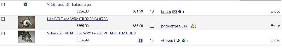 Turbocharger part listing with prices and seller information