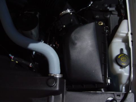 2000 Ford Crown Victoria - Close-up view of an engine bay, showing a gray hose and the washer fluid reservoir.