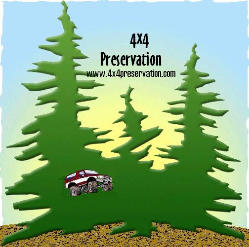 Off-road vehicle with large tires driving through trees. Text says 4x4 Preservation