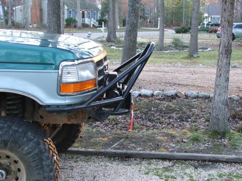 1996 Ford Bronco - Front view of a 1996 Ford Bronco showing its custom bumper and winch setup.