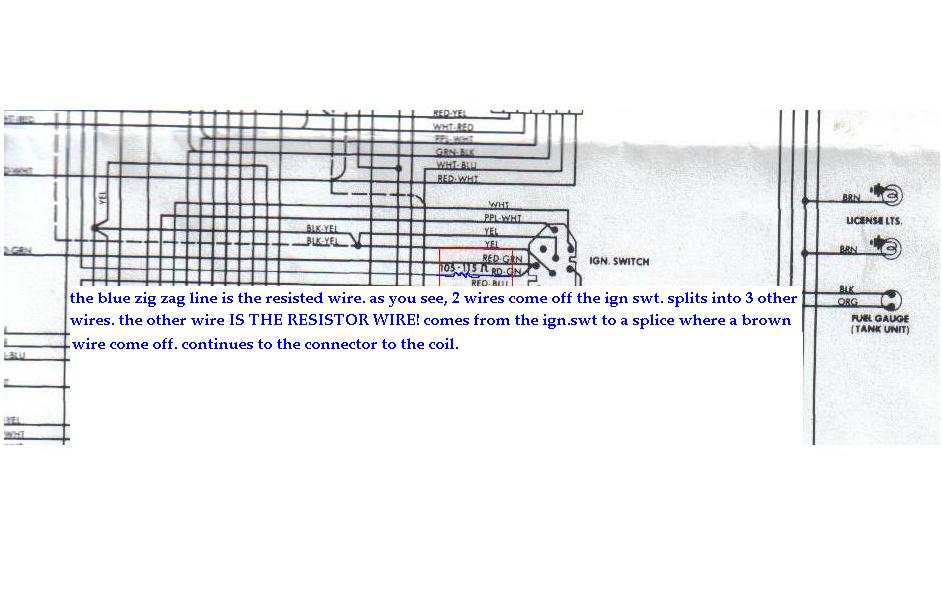 Ignition wiring diagram with handwritten notes about resistor wire from ignition switch