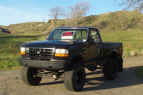 1994 Ford F-150 - A black Ford F-150 pickup truck is parked on a dirt road with a "FOR SALE" sign visible in the window.