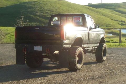 1994 Ford F-150 - This lifted pickup truck has a custom rear bumper and large off-road tires.