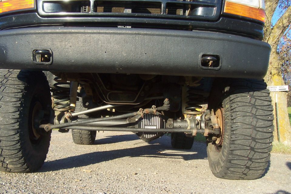Low angle shot of a truck's front axle, suspension, and large tires
