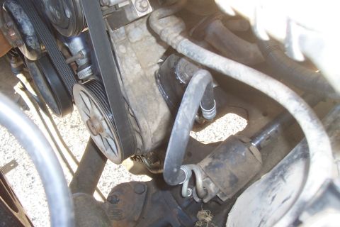 1994 Ford F-150 - Close-up view of engine components including belts and hoses, likely from a truck.