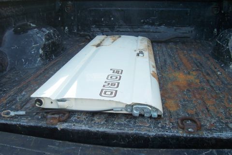 1994 Ford F-150 - A white Ford tailgate is stored in the bed of a pickup truck, showing the Ford logo in black lettering.
