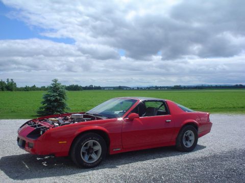 1985 Chevrolet Camaro - A red 1985 Chevrolet Camaro is parked on a gravel surface with its hood open, set against a backdrop of green fields and a cloudy sky.