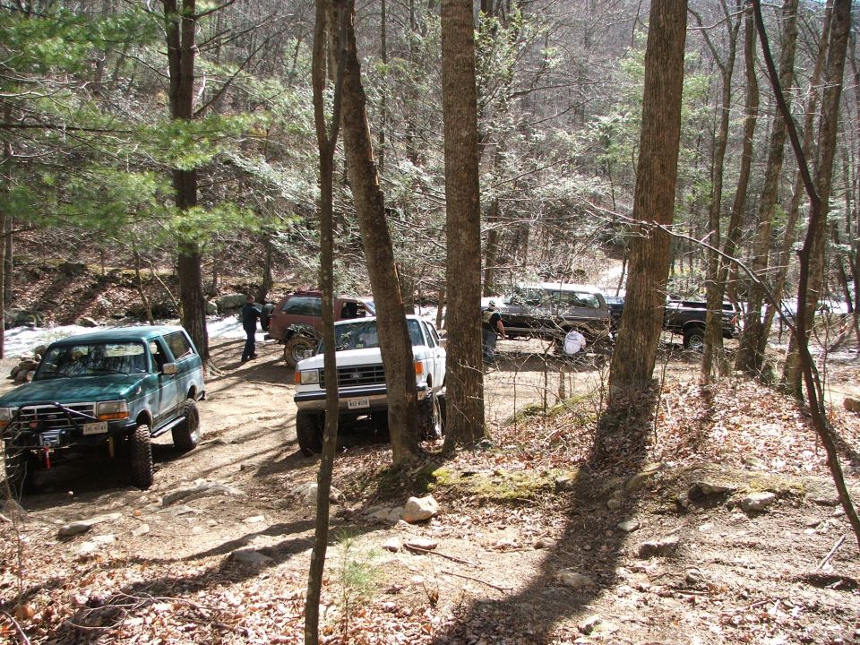 Green 1992 Ford Bronco with winch and off-road tires parked on a dirt path in a wooded area