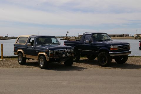 1986 Ford Bronco - Two Ford trucks are parked near a body of water with buildings and palm trees in the background.