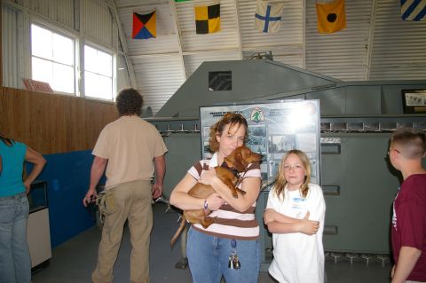 1986 Ford Bronco - A group of people, including a woman holding a dachshund, observe a museum exhibit. Nautical flags are displayed overhead.