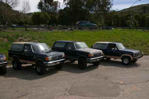 1986 Ford Bronco - Several Ford Broncos are parked in a line on a paved surface with grassy hills in the background.