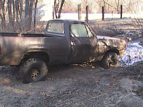 1980 Dodge Magnum - Mud-covered Dodge pickup truck stuck in mud, front passenger tire submerged in the muck.