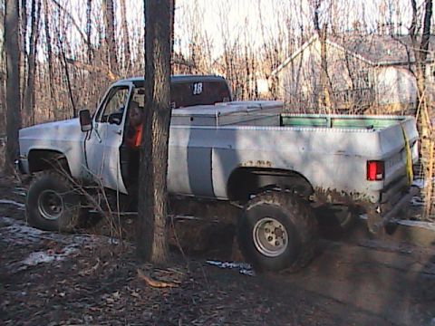 1980 Dodge Magnum - A lifted pickup truck is stuck in the mud in a wooded area, with a house visible in the background.