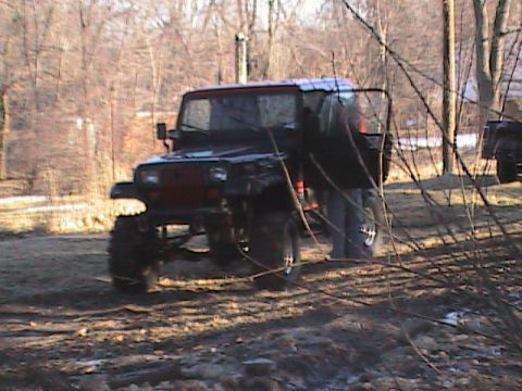 1980 Dodge Magnum - A modified Jeep Wrangler sits on a dirt lot with its door open, partially obscured by branches.