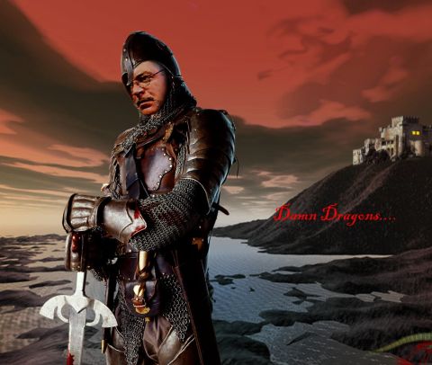 1998 Ford Crown Victoria - A knight stands guard with a sword, overlooking a castle on a hill under a dramatic red sky.