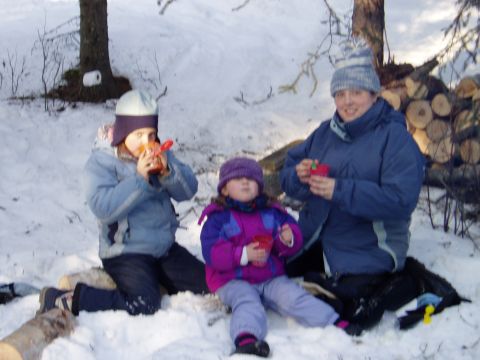2000 Ford E350 - A family enjoys a cold day outdoors, drinking from cups in the snow.