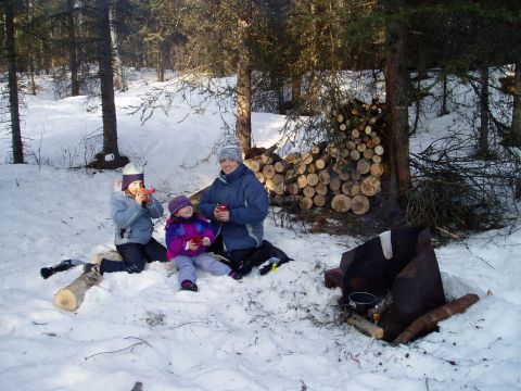 2000 Ford E350 - A family enjoys a break in the snowy woods, gathered around a campfire with a stack of firewood nearby.