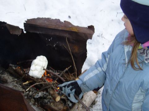 2000 Ford E350 - A child in a blue jacket and hat roasts marshmallows over a campfire in a snowy environment.