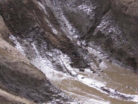 1989 Ford Bronco - Tire tracks mark a path through muddy, wet terrain.