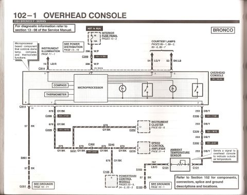 1994 Ford Bronco - This diagram details the wiring for the overhead console, including components like the microprocessor, compass, and thermometer.