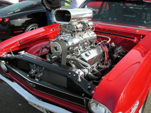 1998 Ford Crown Victoria - chrome blown V8 engine topped with a polished air scoop sits in the bay of a red show car.