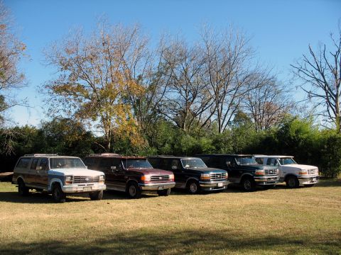 1995 Ford C-350 (Centurion Conversions) - A line of five vans are parked on a sunny day with bare trees and green foliage behind them.