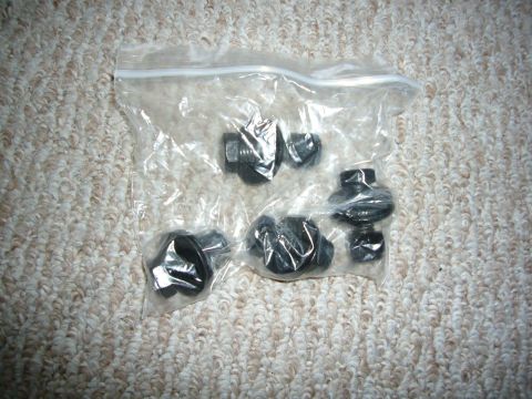 2000 Ford Crown Victoria - A plastic bag contains several black lug nuts, resting on a carpeted surface.
