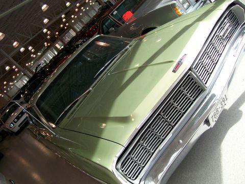 1996 Ford Bronco - Close-up of a 1967 Ford car's distinctive front grille and hood emblem.