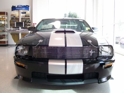 1996 Ford Bronco - Front view of a black Ford Mustang with silver racing stripes, displayed indoors.