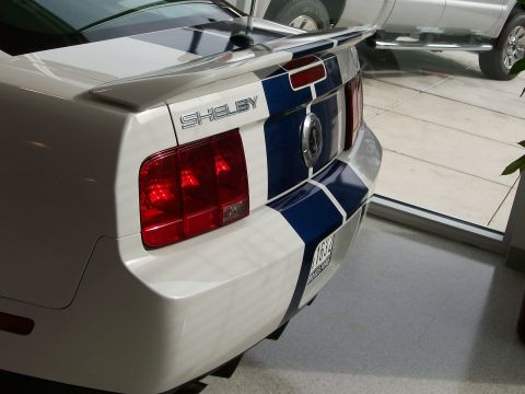 1996 Ford Bronco - The rear of a white Shelby Mustang with blue racing stripes is visible, parked indoors next to another vehicle.