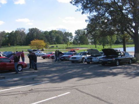 1988 Mercury Grand Marquis - Several cars are gathered outdoors with their hoods open, suggesting a car meet or display.