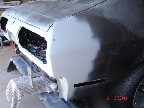 1978 Ford Mustang II - Rattle can primer to check progress prior to finishing the panel repair. View 2