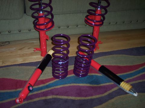 2003 Ford Focus - Four suspension struts and springs are laid out on a rug, with a couch visible in the background.