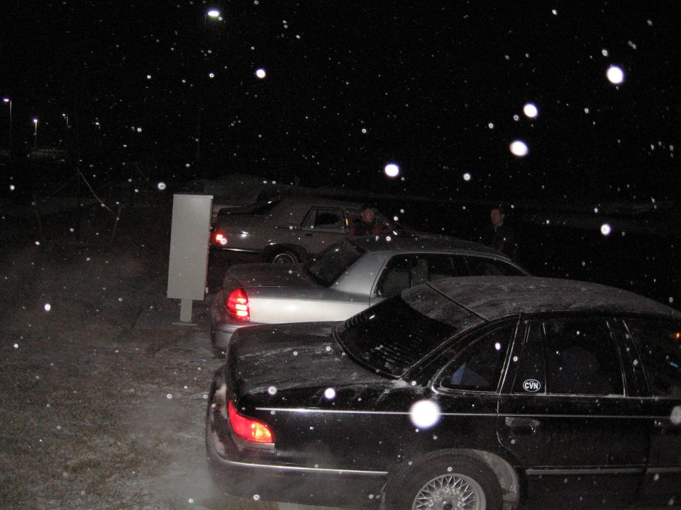 Three cars parked at night in falling snow; black sedan in foreground with snow-covered trunk and lit taillight.