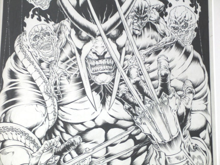 Drawing of a monstrous figure with claws and skulls, with a Supermotors watermark