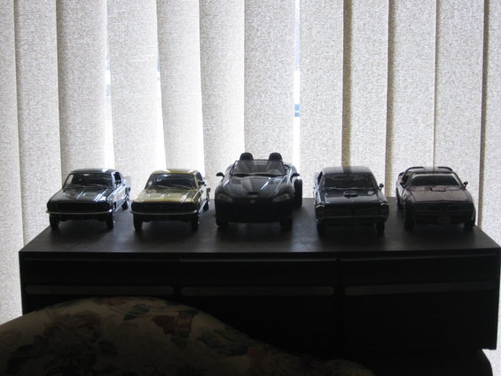(left to right)
Bullitt Mustang, 67 Mustang, Dodge Viper, XXXGTO, 77 Trans Am.