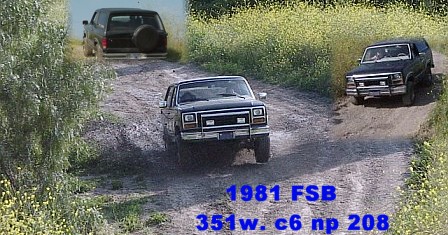 1981 Ford Bronco - Two black Ford Broncos navigate a dusty, overgrown trail under a clear sky.