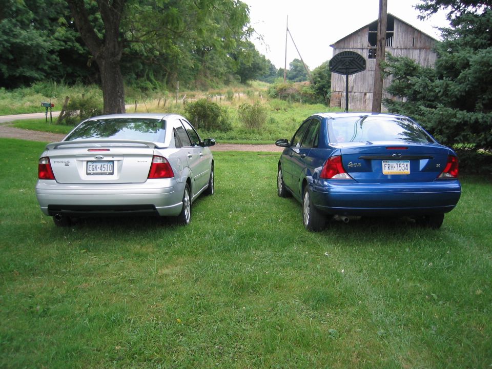 Two Ford Focus sedans parked on grass, one silver and one blue, viewed from the rear