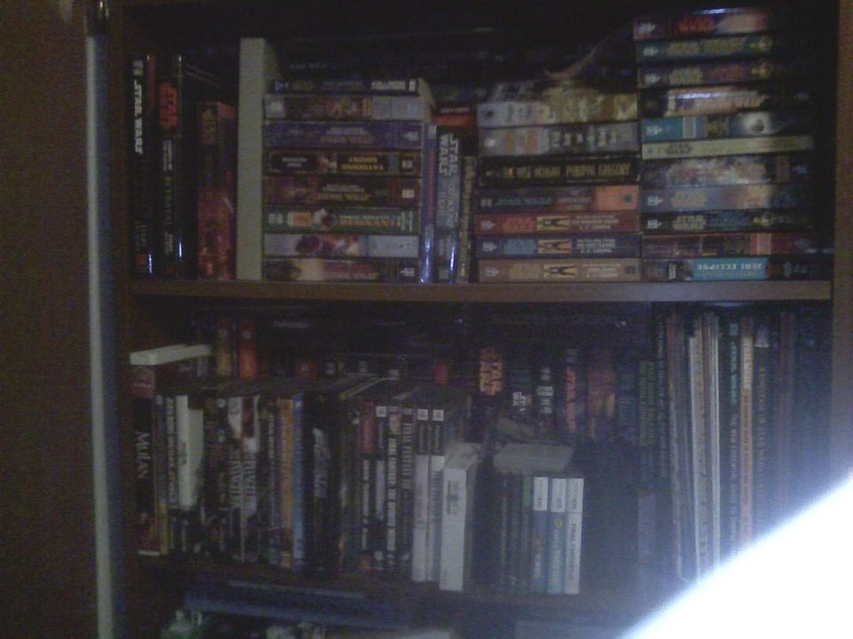 Bookshelf filled with DVDs and books, some labeled Star Wars and Mulan