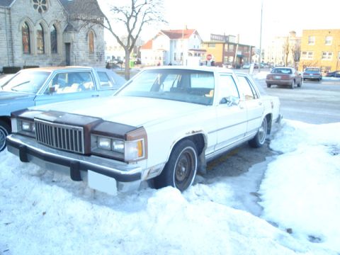 1992 Ford Crown Victoria - A white sedan with a brown hood sits partially buried in snow, with other vehicles and buildings visible in the background.