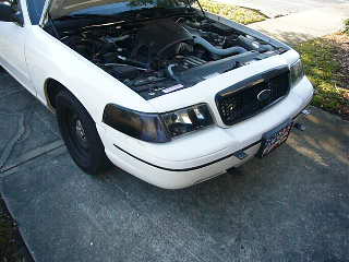 2000 Ford Crown Victoria - Front view of a white 2000 Ford Crown Victoria with the hood open, revealing the engine compartment.