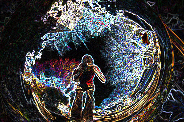 Person with camera in front of abstract, glowing circular pattern with a car silhouette visible on the right