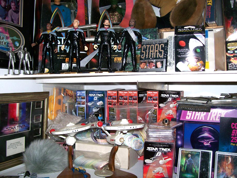 Star Trek collection with action figures, model starships, and boxed sets on shelves