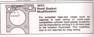 1972 Ford Ranchero - Service note describing a 351C head gasket modification, showing a drilling location diagram and instructions for high-rpm racing durabilit…