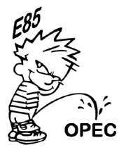 1972 Ford Ranchero - Sticker art shows Calvin urinating on an OPEC sticker, with an E85 sticker above.